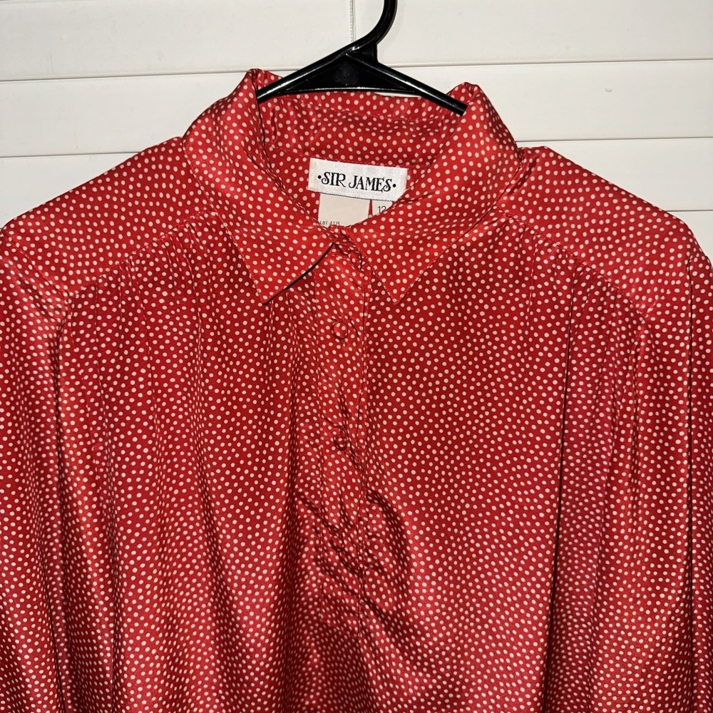 Sir James Womens Button Down Blouse Shirt Top Red White Polka Dots. Size 12